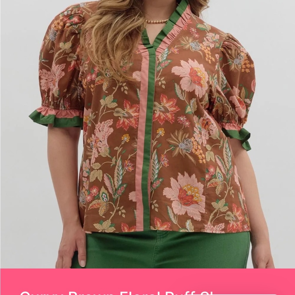 Entro Brown Floral Puff Sleeve Blouse